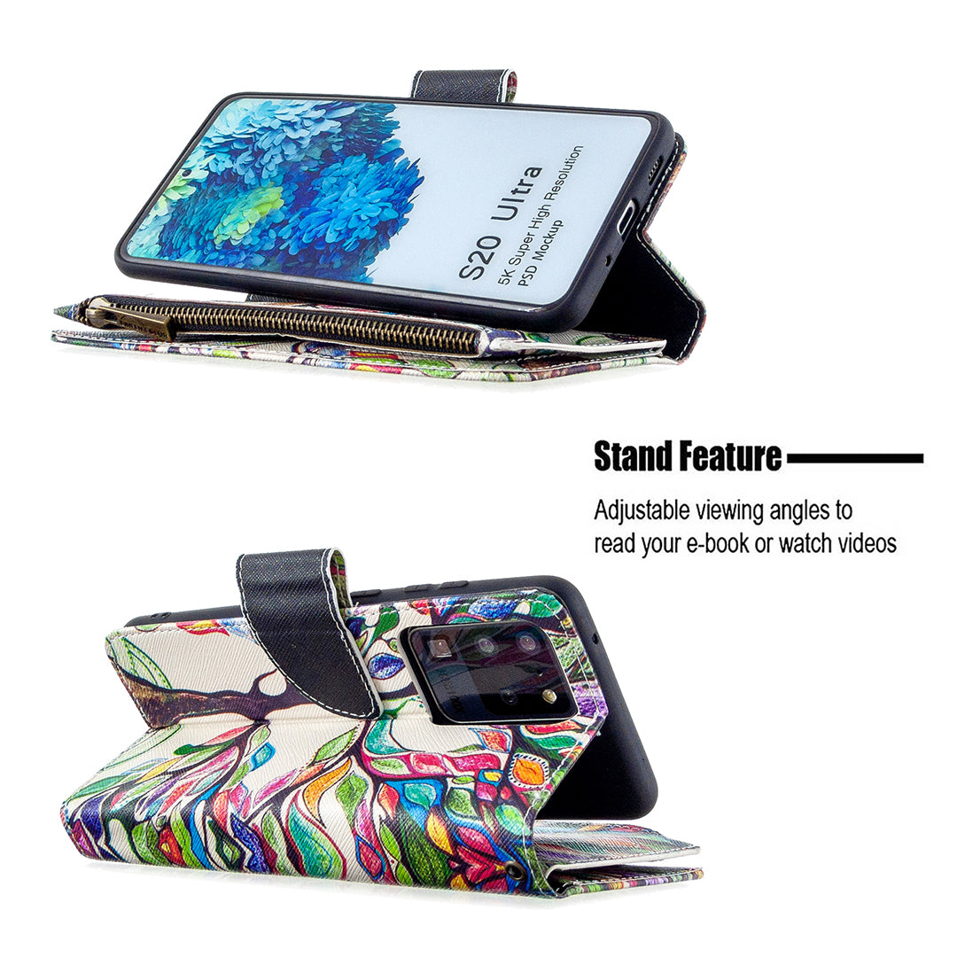 Pattern Zipper Pocket 9 Card Slots Leather Wallet Phone Case for Samsung Galaxy S20 Ultra - Color Tree