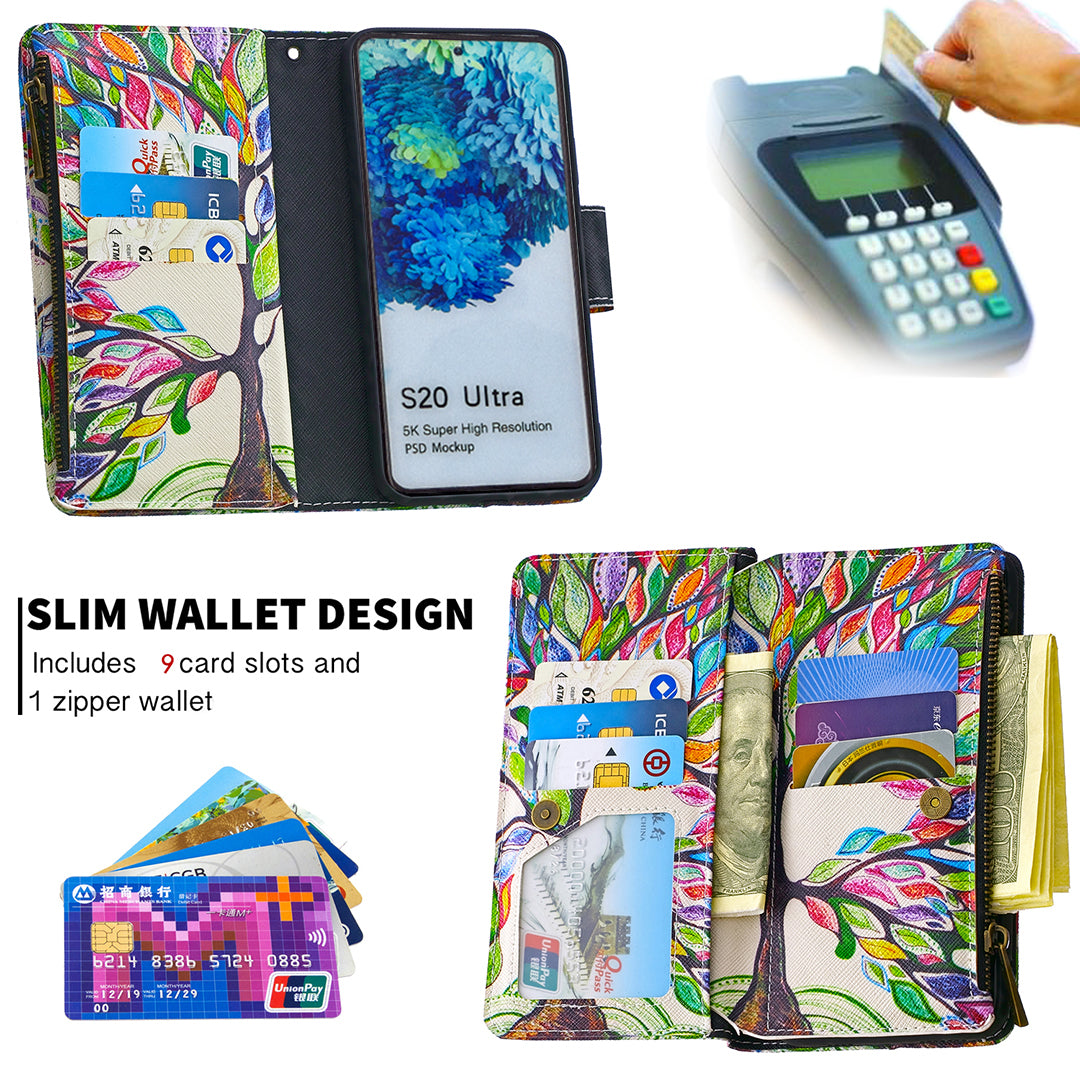 Pattern Zipper Pocket 9 Card Slots Leather Wallet Phone Case for Samsung Galaxy S20 Ultra - Color Tree