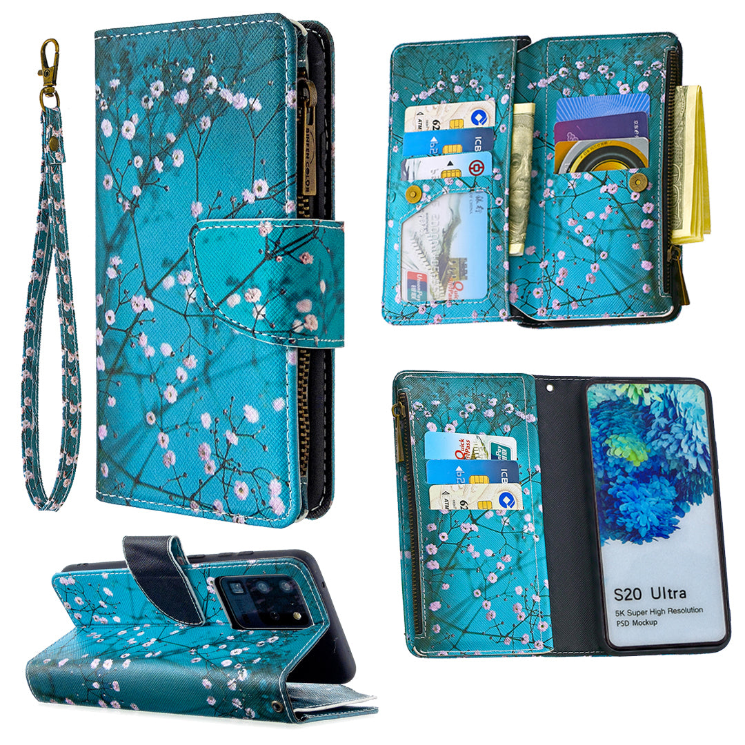 Pattern Zipper Pocket 9 Card Slots Leather Wallet Phone Case for Samsung Galaxy S20 Ultra - White Flowers