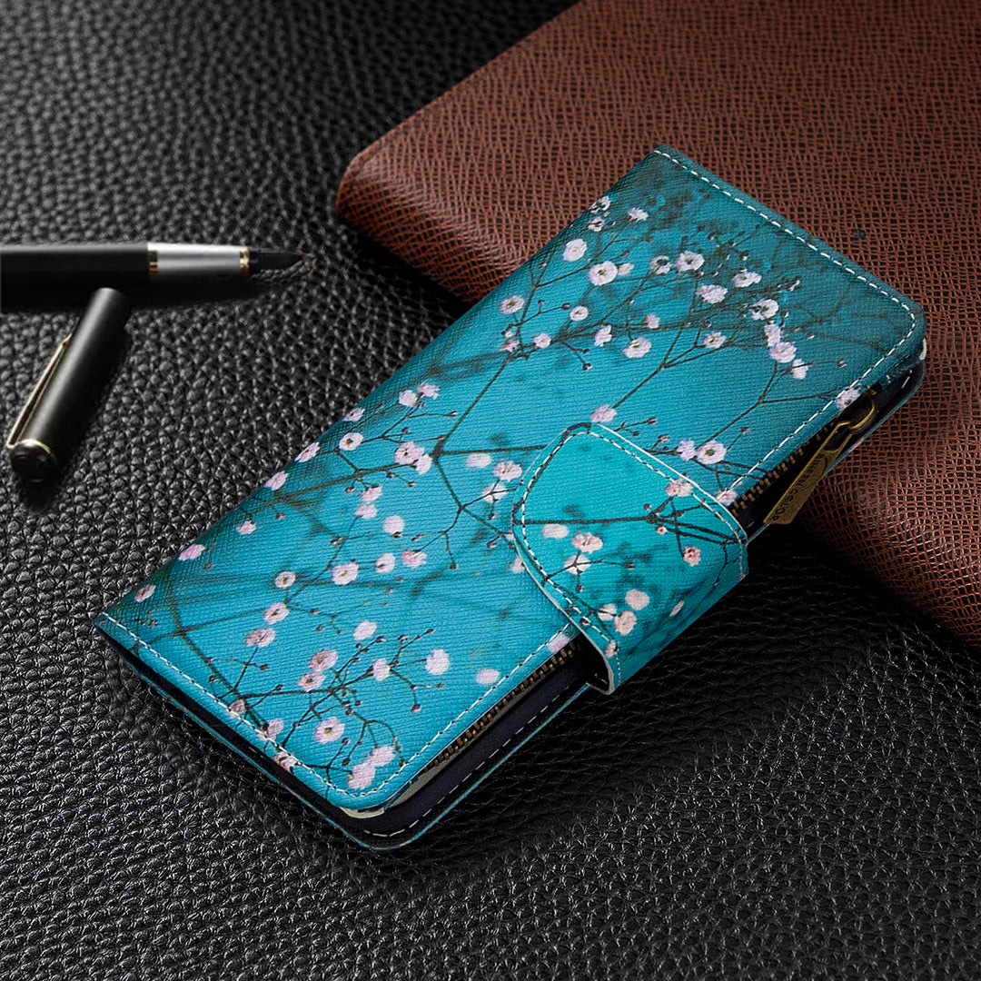 Pattern Zipper Pocket 9 Card Slots Leather Wallet Phone Case for Samsung Galaxy S20 Ultra - White Flowers