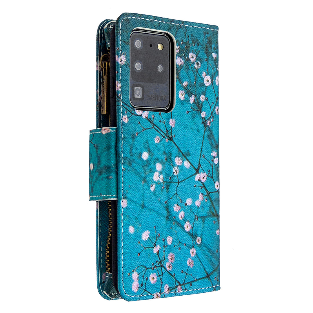 Pattern Zipper Pocket 9 Card Slots Leather Wallet Phone Case for Samsung Galaxy S20 Ultra - White Flowers