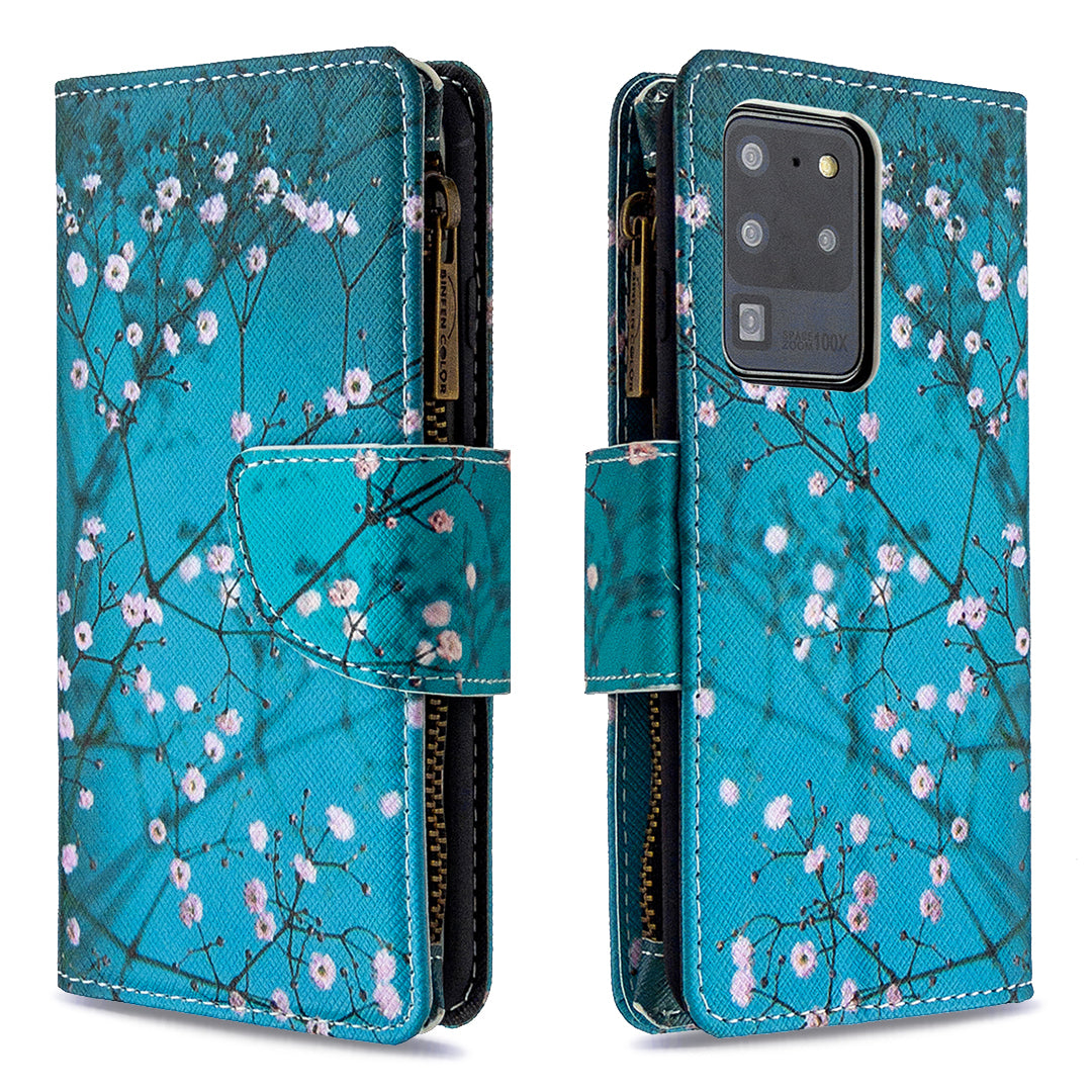 Pattern Zipper Pocket 9 Card Slots Leather Wallet Phone Case for Samsung Galaxy S20 Ultra - White Flowers