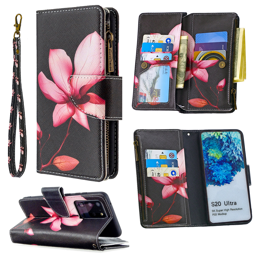 Pattern Zipper Pocket 9 Card Slots Leather Wallet Phone Case for Samsung Galaxy S20 Ultra - Lotus