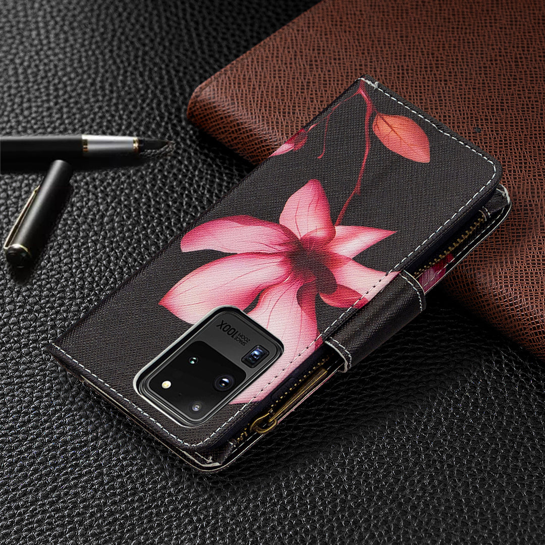 Pattern Zipper Pocket 9 Card Slots Leather Wallet Phone Case for Samsung Galaxy S20 Ultra - Lotus