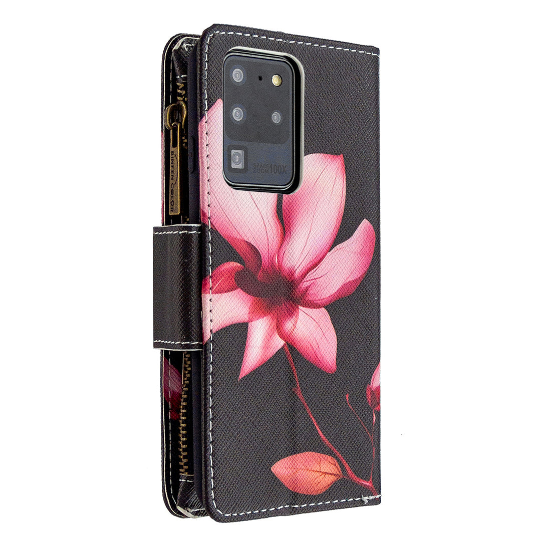 Pattern Zipper Pocket 9 Card Slots Leather Wallet Phone Case for Samsung Galaxy S20 Ultra - Lotus