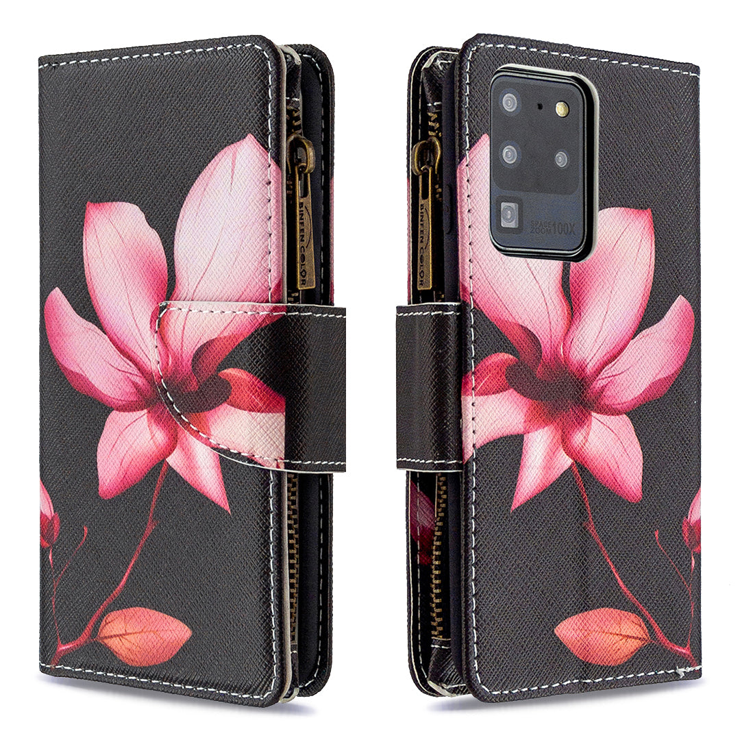 Pattern Zipper Pocket 9 Card Slots Leather Wallet Phone Case for Samsung Galaxy S20 Ultra - Lotus