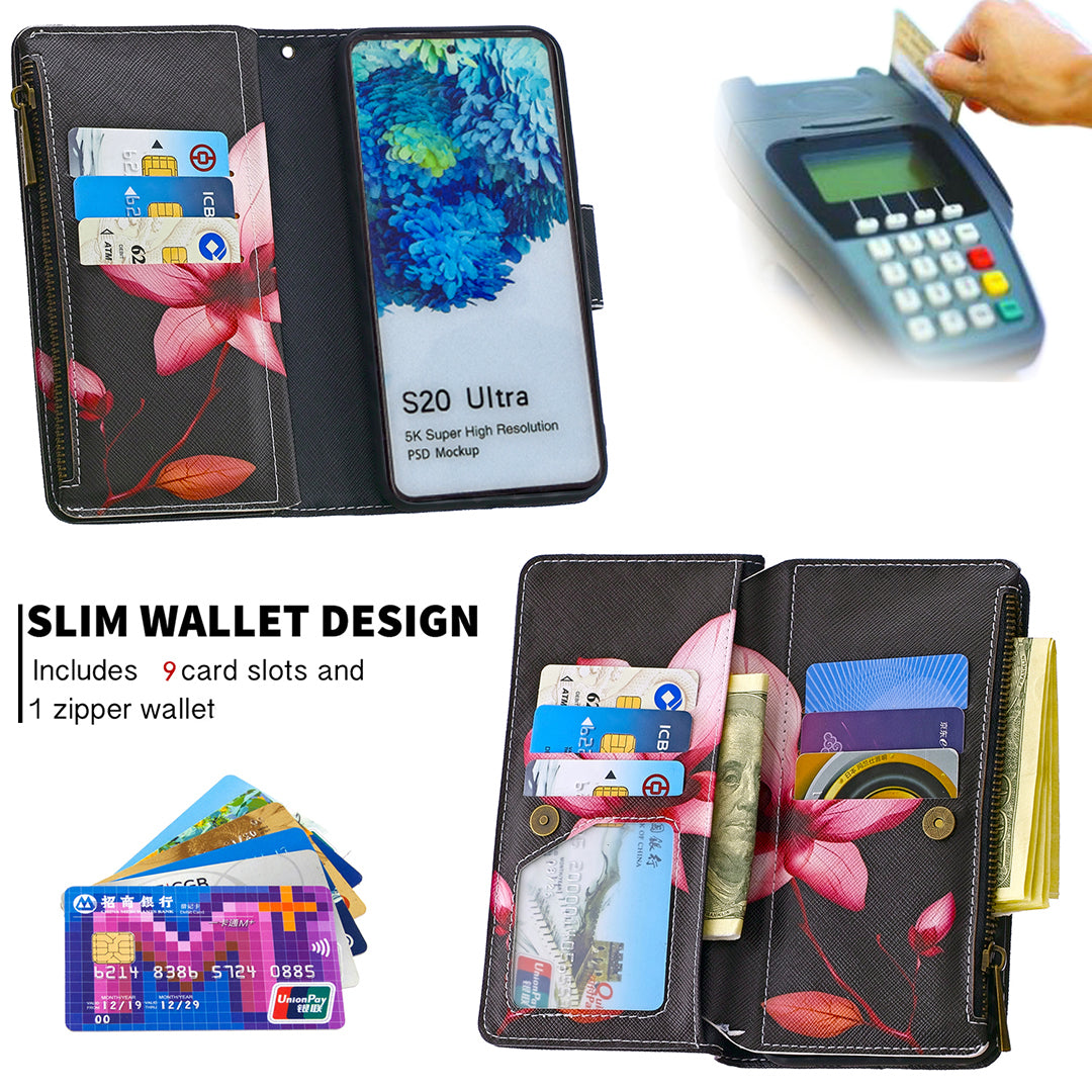 Pattern Zipper Pocket 9 Card Slots Leather Wallet Phone Case for Samsung Galaxy S20 Ultra - Lotus