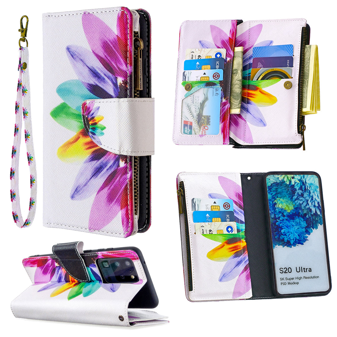 Pattern Zipper Pocket 9 Card Slots Leather Wallet Phone Case for Samsung Galaxy S20 Ultra - Colorful