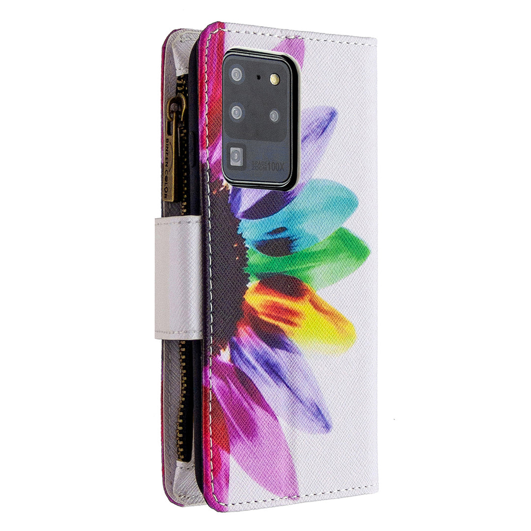 Pattern Zipper Pocket 9 Card Slots Leather Wallet Phone Case for Samsung Galaxy S20 Ultra - Colorful