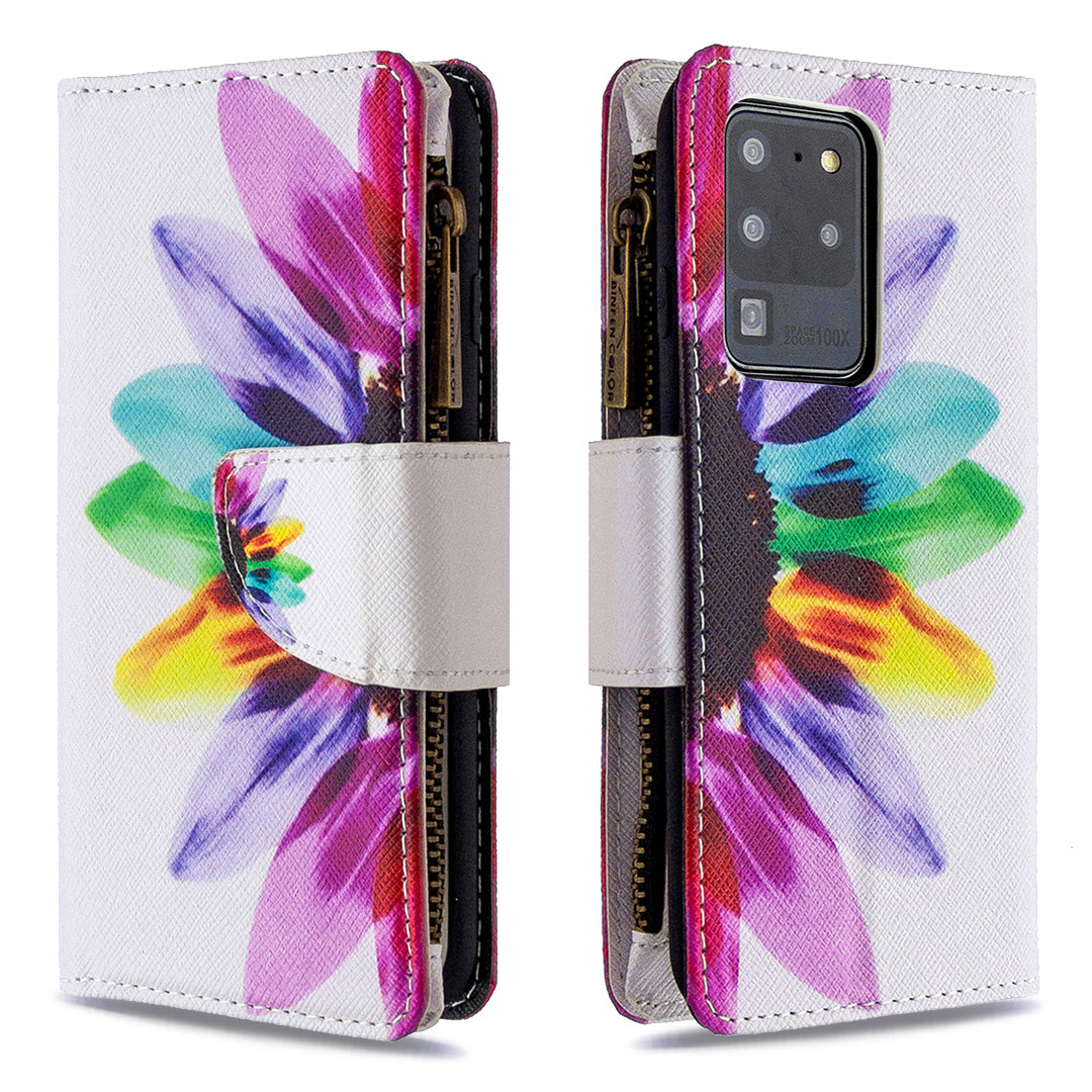 Pattern Zipper Pocket 9 Card Slots Leather Wallet Phone Case for Samsung Galaxy S20 Ultra - Colorful