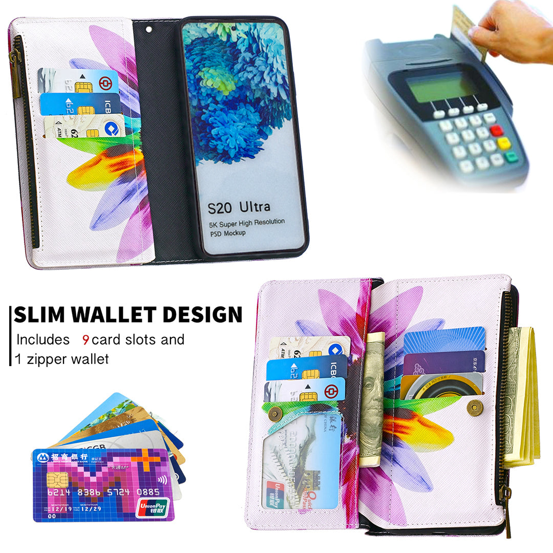 Pattern Zipper Pocket 9 Card Slots Leather Wallet Phone Case for Samsung Galaxy S20 Ultra - Colorful