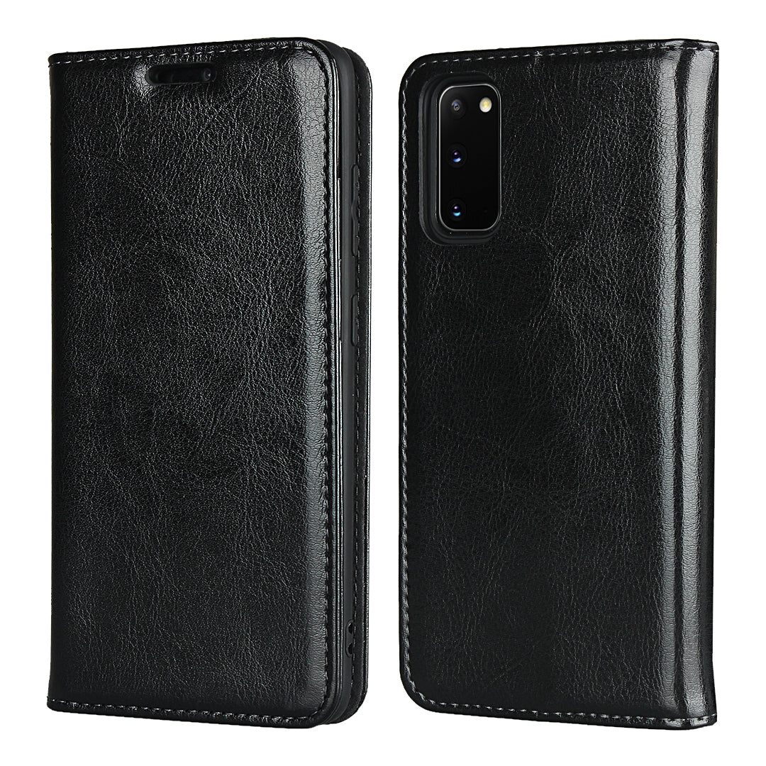 Crazy Horse Texture Genuine Leather Wallet Phone Cover Case for Samsung Galaxy S20 4G/S20 5G - Black