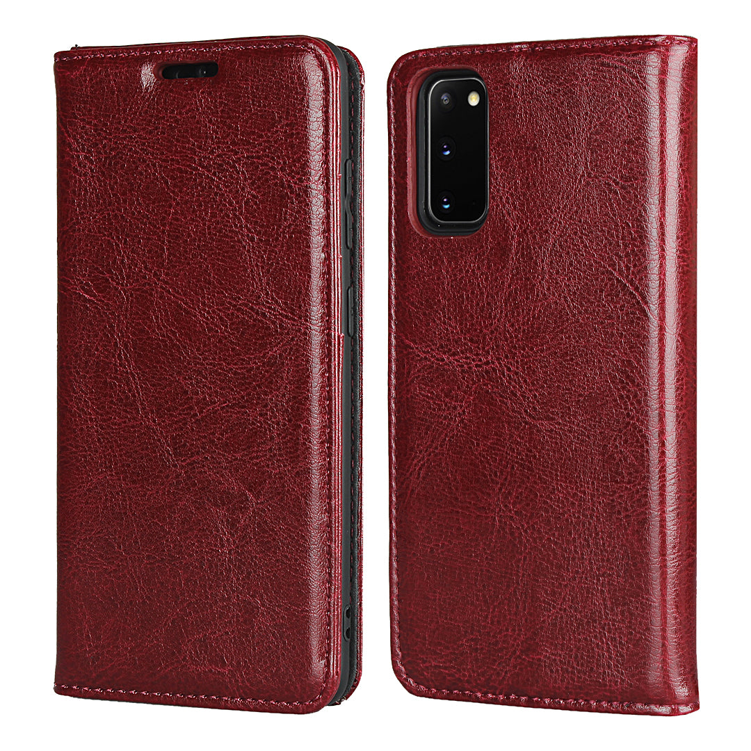 Crazy Horse Texture Genuine Leather Wallet Phone Cover Case for Samsung Galaxy S20 4G/S20 5G - Red