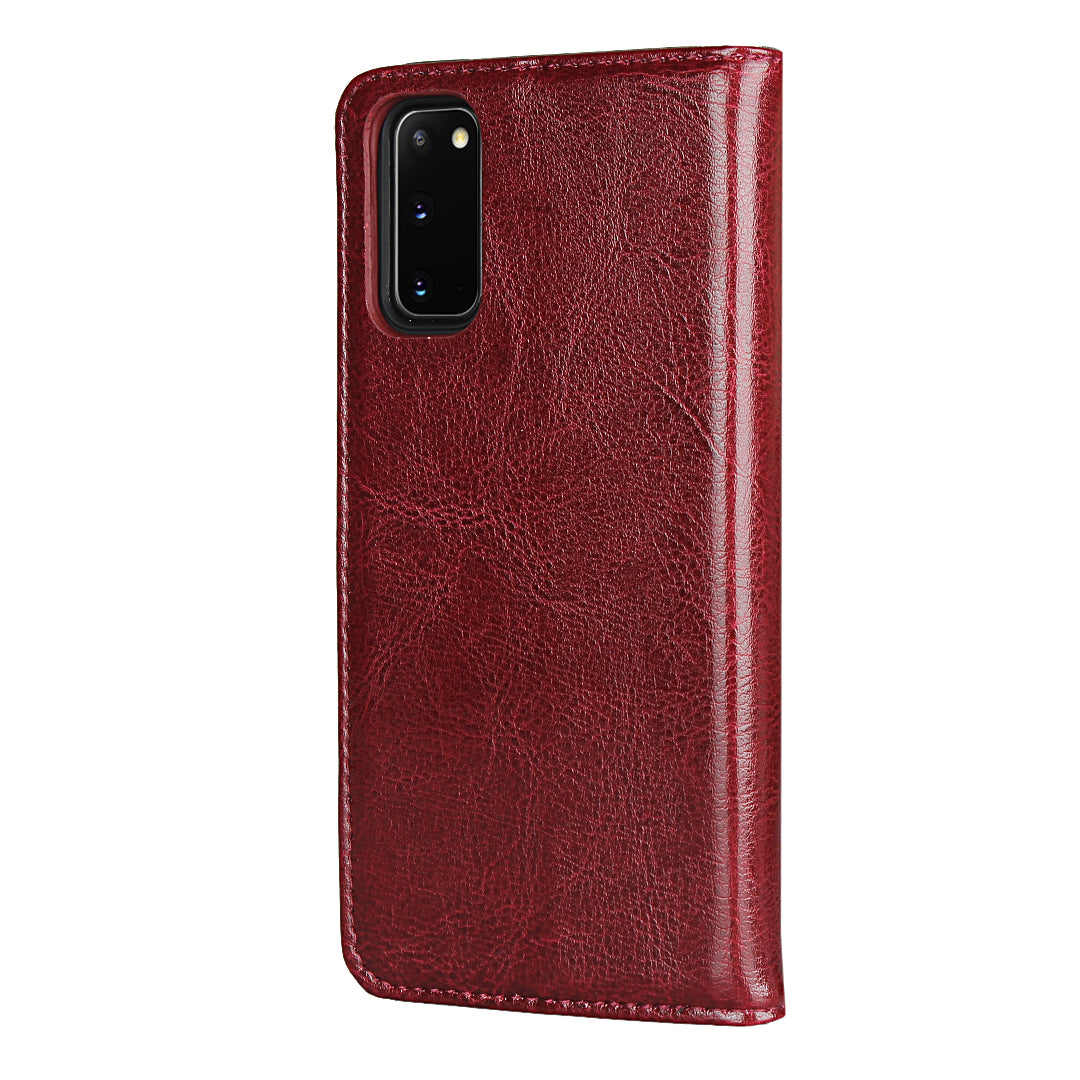 Crazy Horse Texture Genuine Leather Wallet Phone Cover Case for Samsung Galaxy S20 4G/S20 5G - Red