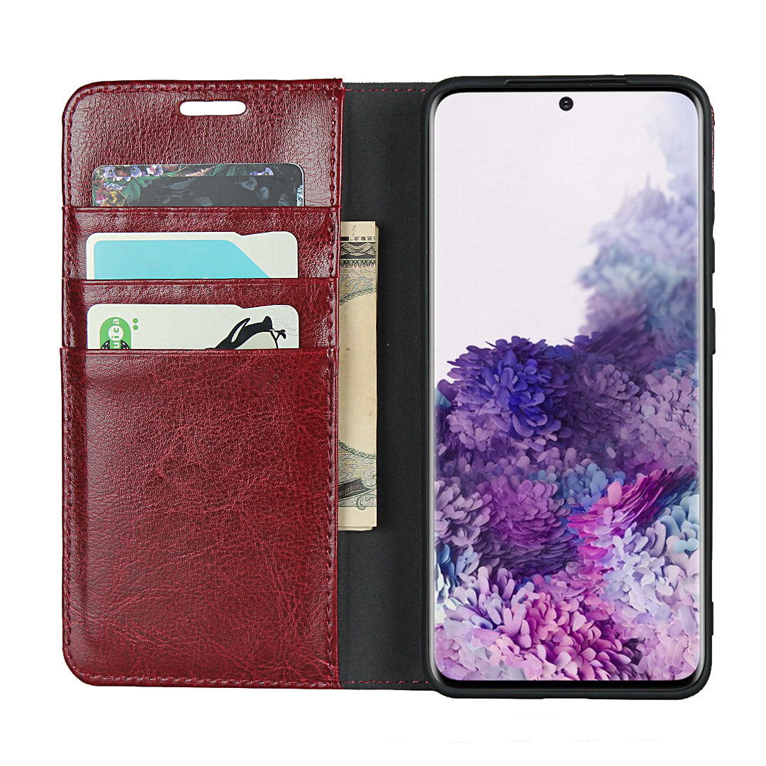 Crazy Horse Texture Genuine Leather Wallet Phone Cover Case for Samsung Galaxy S20 4G/S20 5G - Red