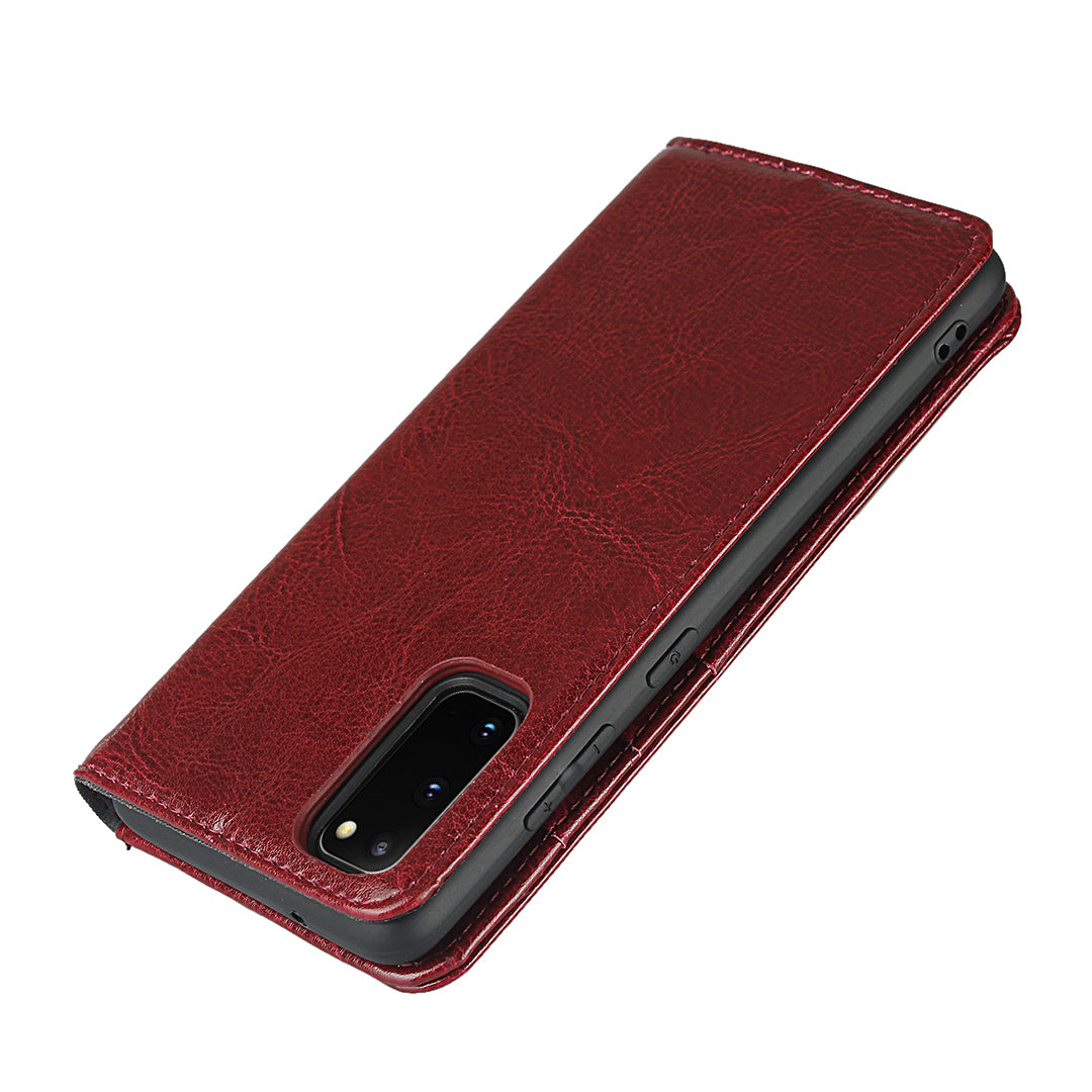 Crazy Horse Texture Genuine Leather Wallet Phone Cover Case for Samsung Galaxy S20 4G/S20 5G - Red