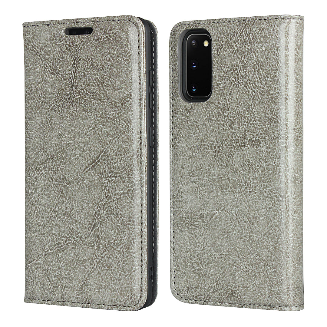 Crazy Horse Texture Genuine Leather Wallet Phone Cover Case for Samsung Galaxy S20 4G/S20 5G - Grey