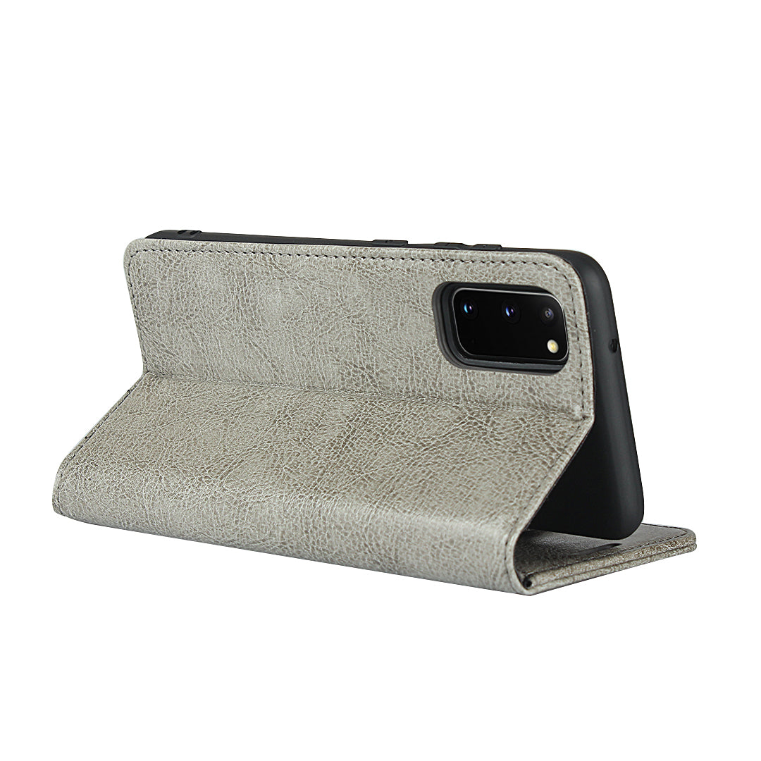 Crazy Horse Texture Genuine Leather Wallet Phone Cover Case for Samsung Galaxy S20 4G/S20 5G - Grey