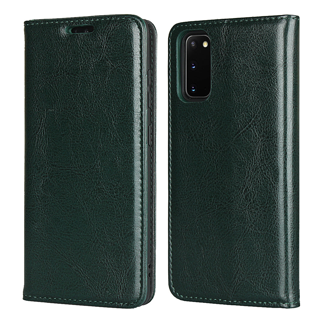 Crazy Horse Texture Genuine Leather Wallet Phone Cover Case for Samsung Galaxy S20 4G/S20 5G - Green