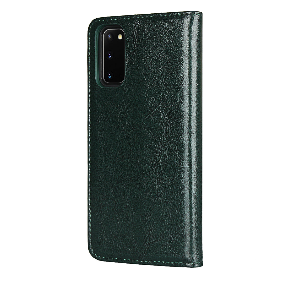 Crazy Horse Texture Genuine Leather Wallet Phone Cover Case for Samsung Galaxy S20 4G/S20 5G - Green