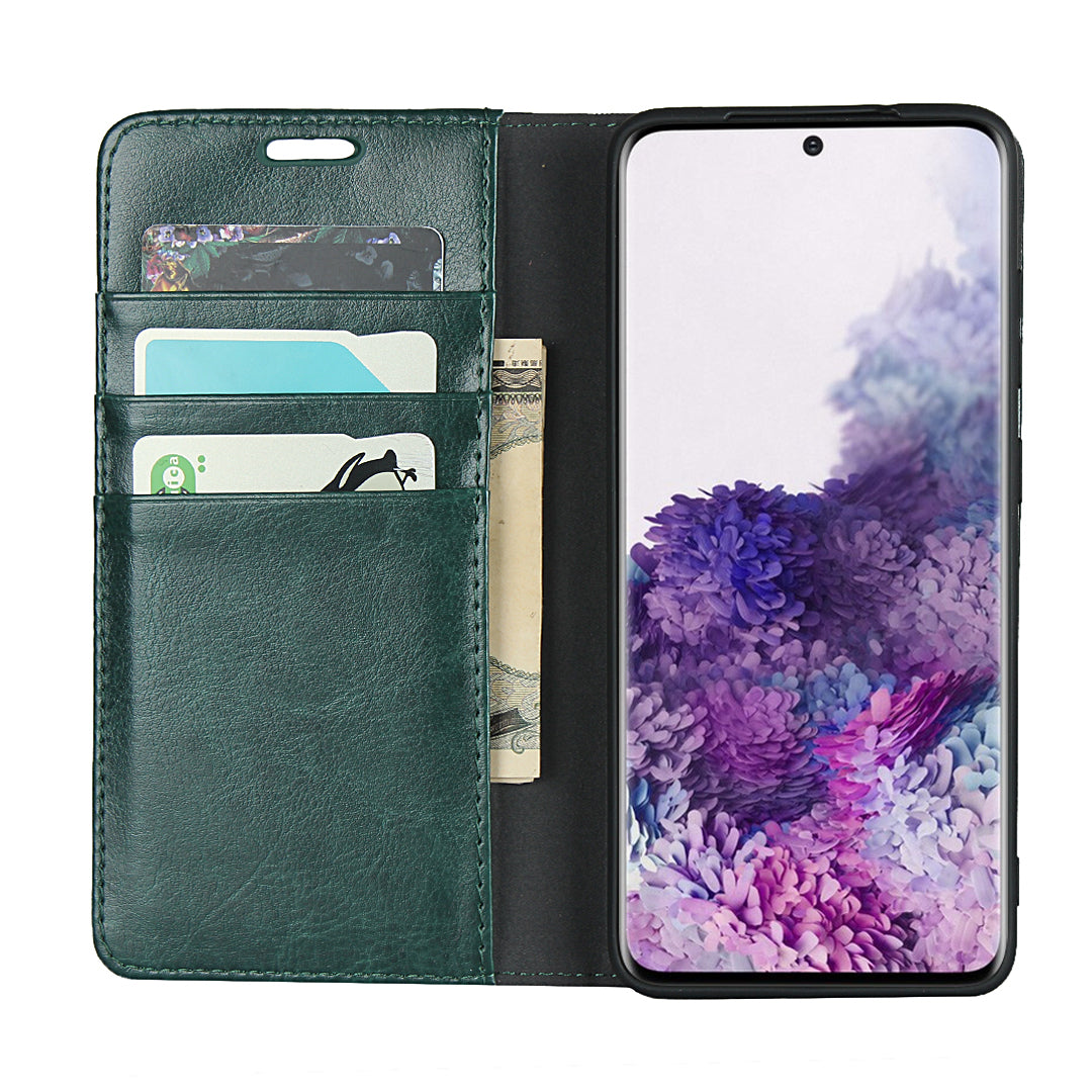 Crazy Horse Texture Genuine Leather Wallet Phone Cover Case for Samsung Galaxy S20 4G/S20 5G - Green