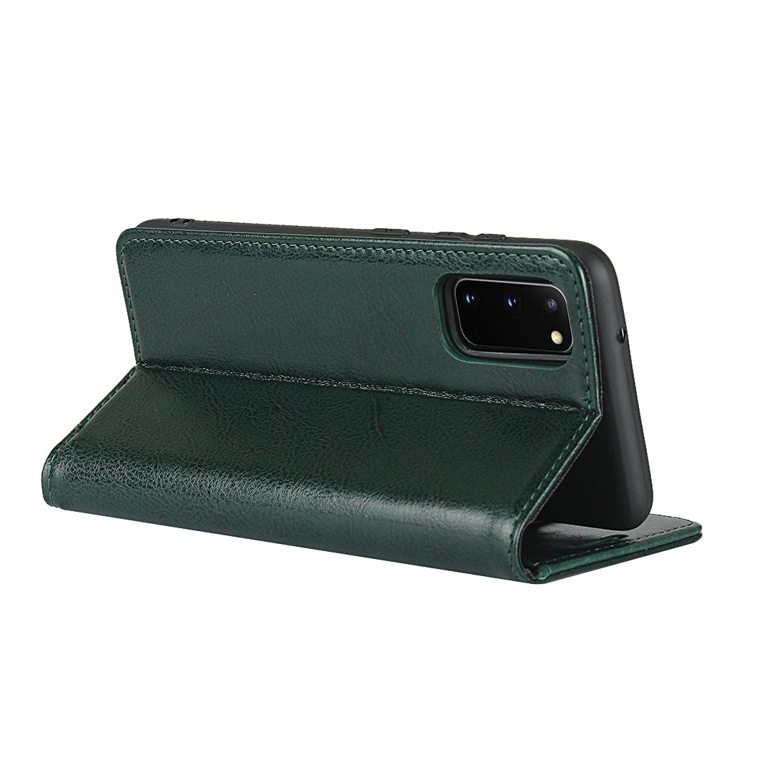 Crazy Horse Texture Genuine Leather Wallet Phone Cover Case for Samsung Galaxy S20 4G/S20 5G - Green