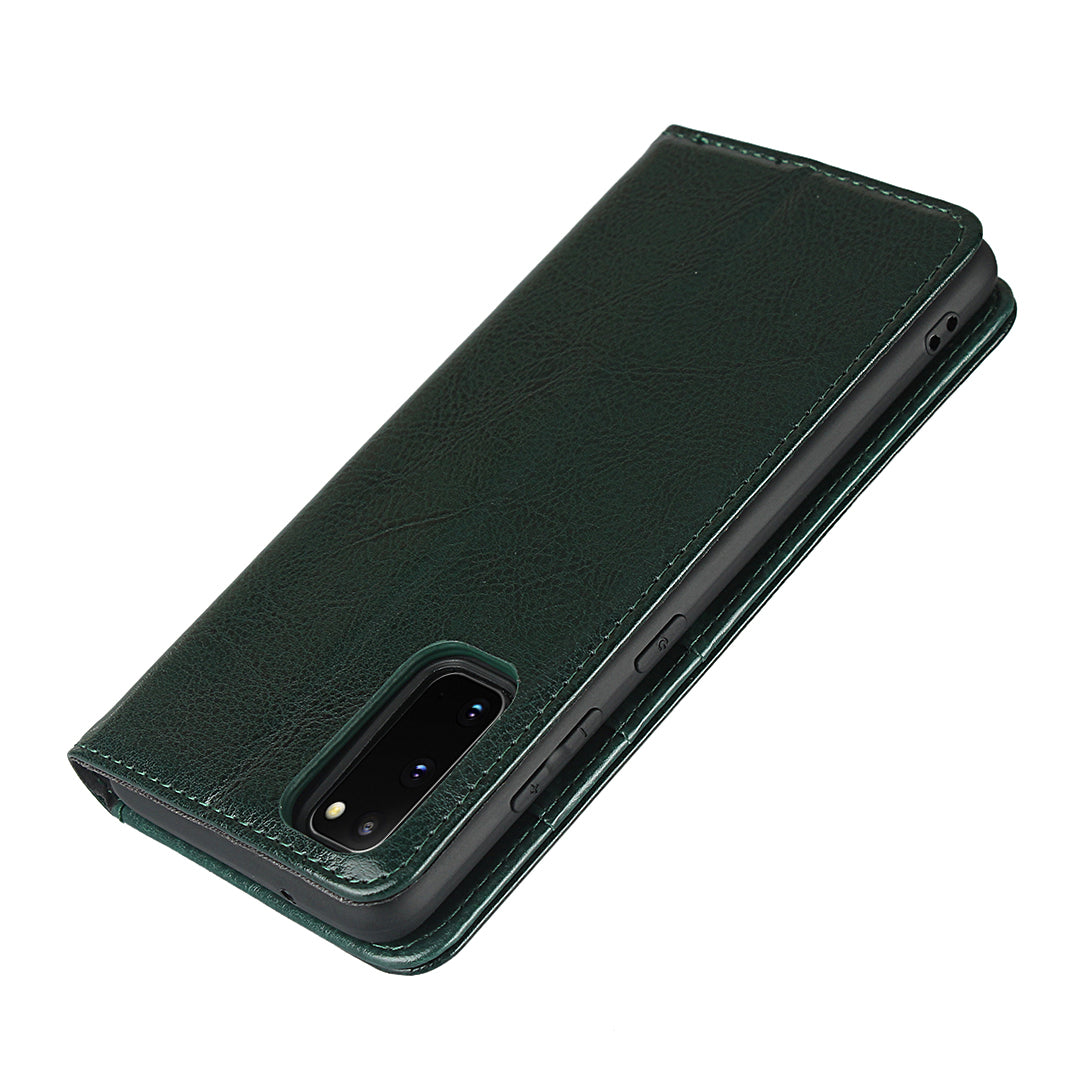 Crazy Horse Texture Genuine Leather Wallet Phone Cover Case for Samsung Galaxy S20 4G/S20 5G - Green