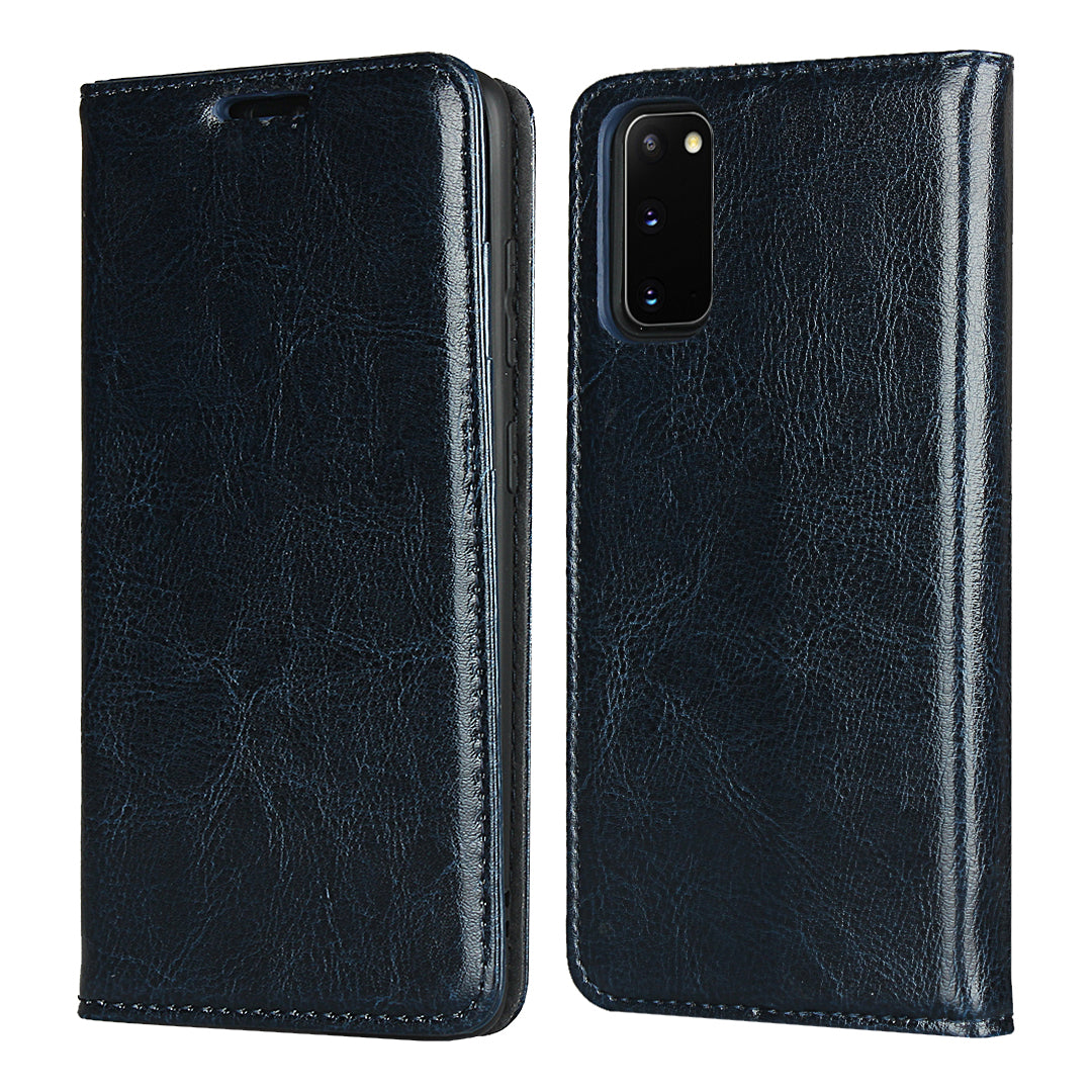 Crazy Horse Texture Genuine Leather Wallet Phone Cover Case for Samsung Galaxy S20 4G/S20 5G - Blue