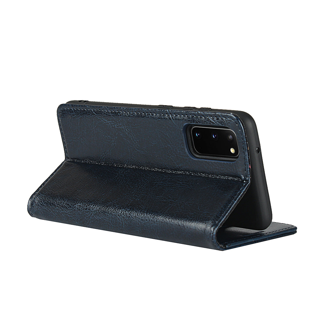 Crazy Horse Texture Genuine Leather Wallet Phone Cover Case for Samsung Galaxy S20 4G/S20 5G - Blue