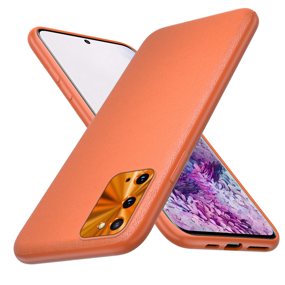 PU Leather TPU Phone Shell with Alloy Lens Ring for Samsung Galaxy S20 4G/S20 5G - Orange