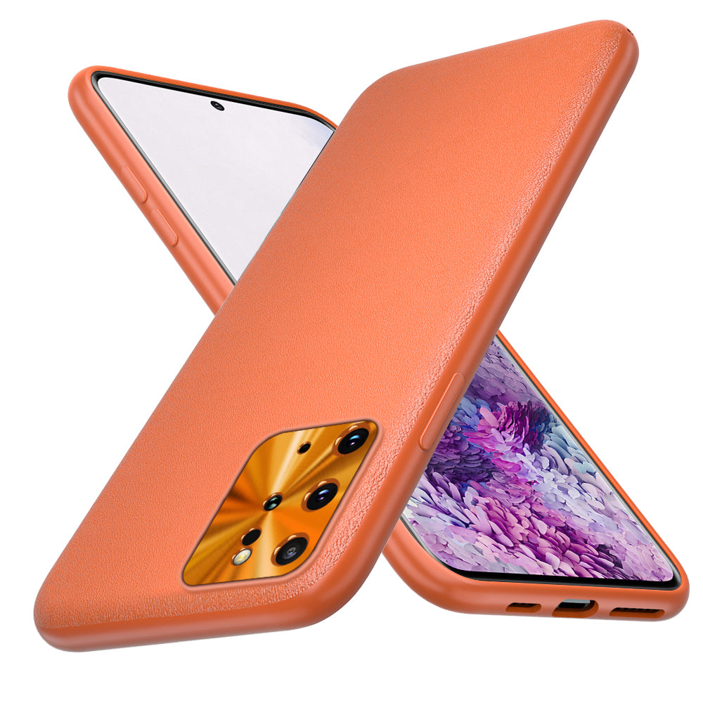 PU Leather TPU Phone Case with Alloy Lens Ring for Samsung Galaxy S20 Plus - Orange