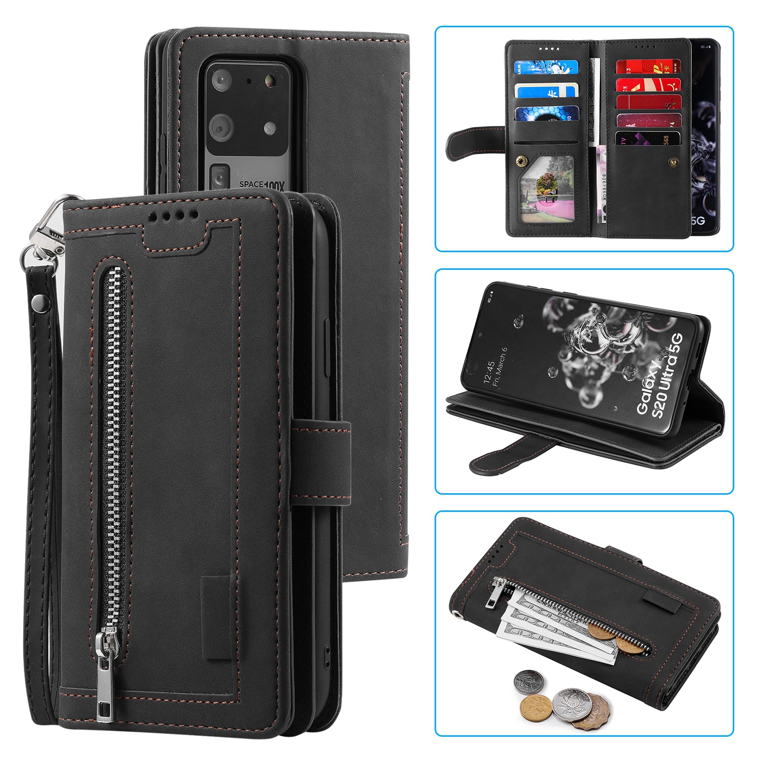 Zipper Pocket 9 Card Slots Leather Wallet Stand Case for Samsung Galaxy S20 Ultra - Black