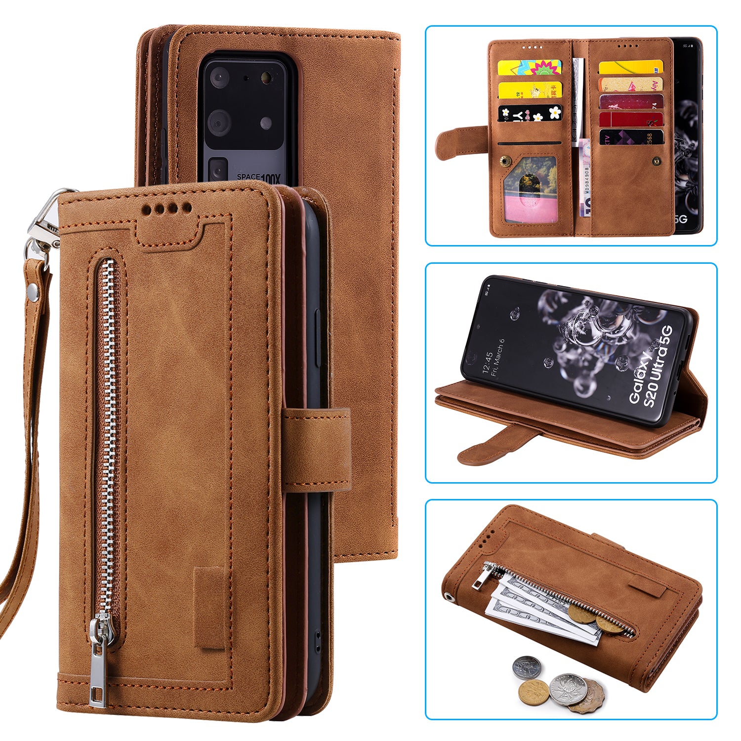 Zipper Pocket 9 Card Slots Leather Wallet Stand Case for Samsung Galaxy S20 Ultra - Brown