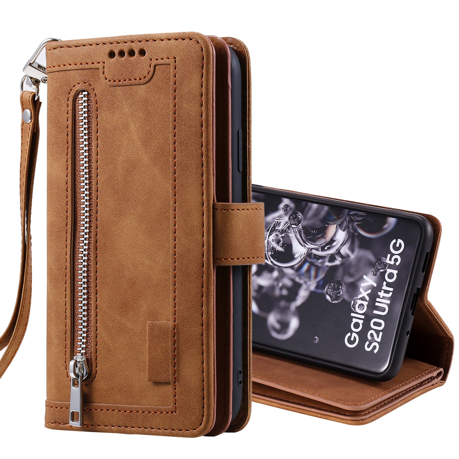 Zipper Pocket 9 Card Slots Leather Wallet Stand Case for Samsung Galaxy S20 Ultra - Brown