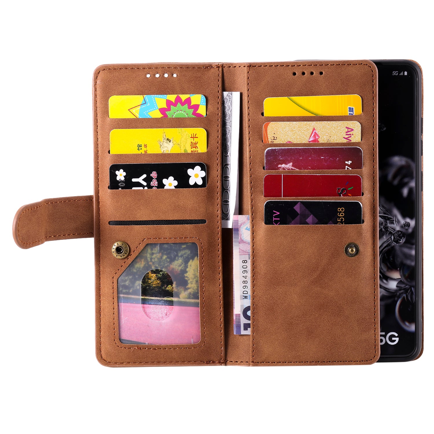 Zipper Pocket 9 Card Slots Leather Wallet Stand Case for Samsung Galaxy S20 Ultra - Brown