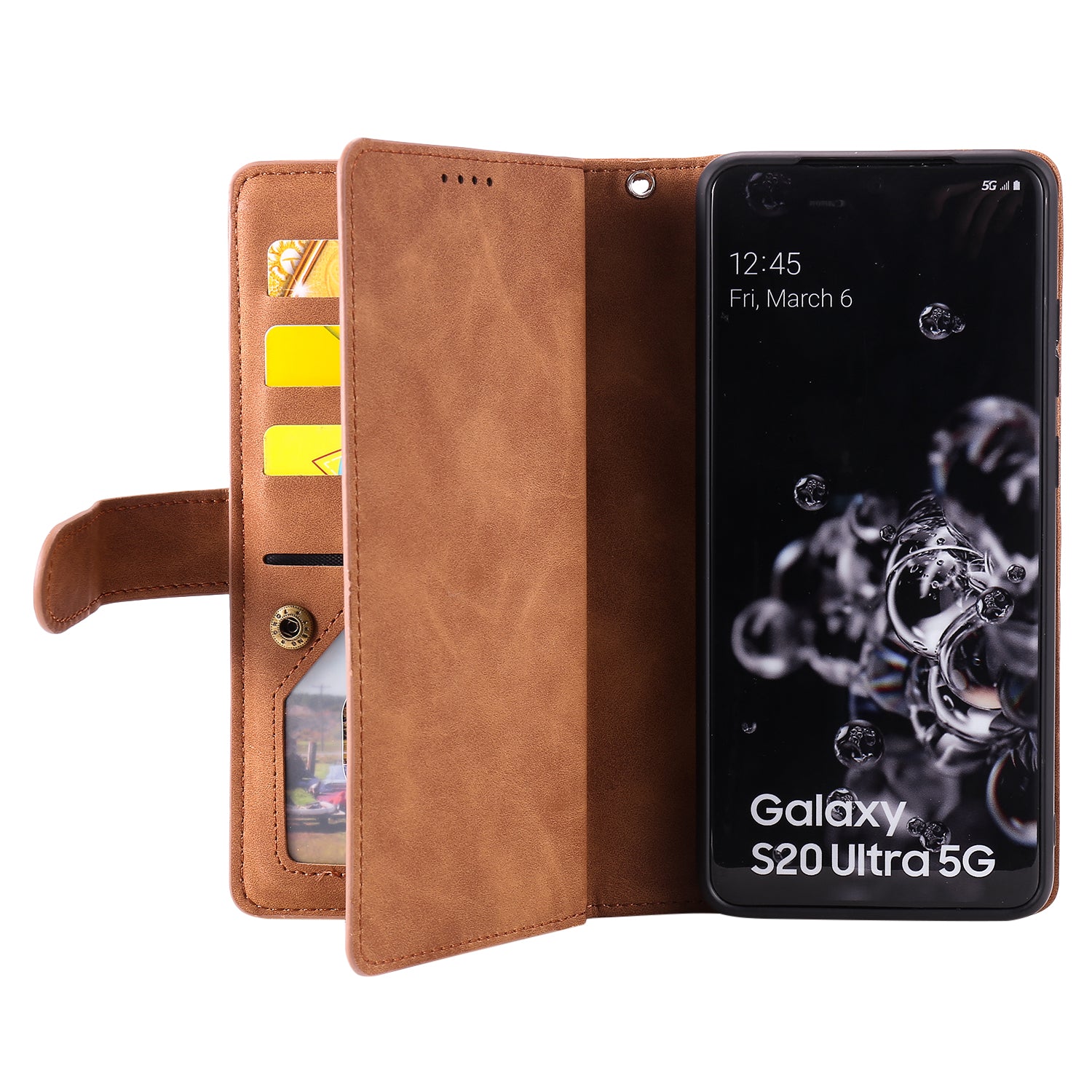 Zipper Pocket 9 Card Slots Leather Wallet Stand Case for Samsung Galaxy S20 Ultra - Brown