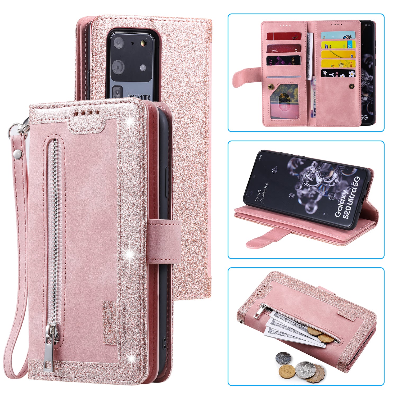 Zipper Pocket 9 Card Slots Leather Wallet Stand Case for Samsung Galaxy S20 Ultra - Pink