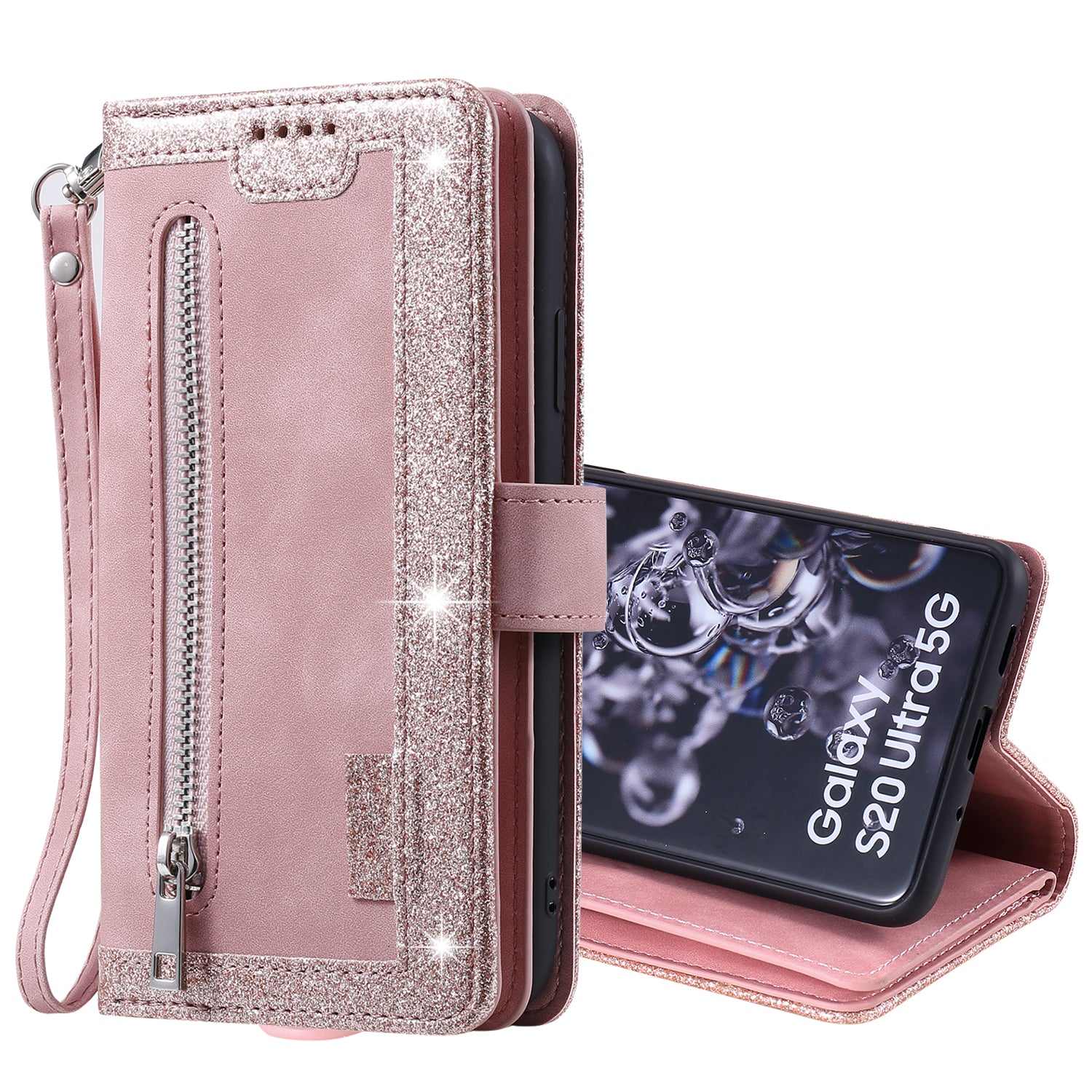 Zipper Pocket 9 Card Slots Leather Wallet Stand Case for Samsung Galaxy S20 Ultra - Pink