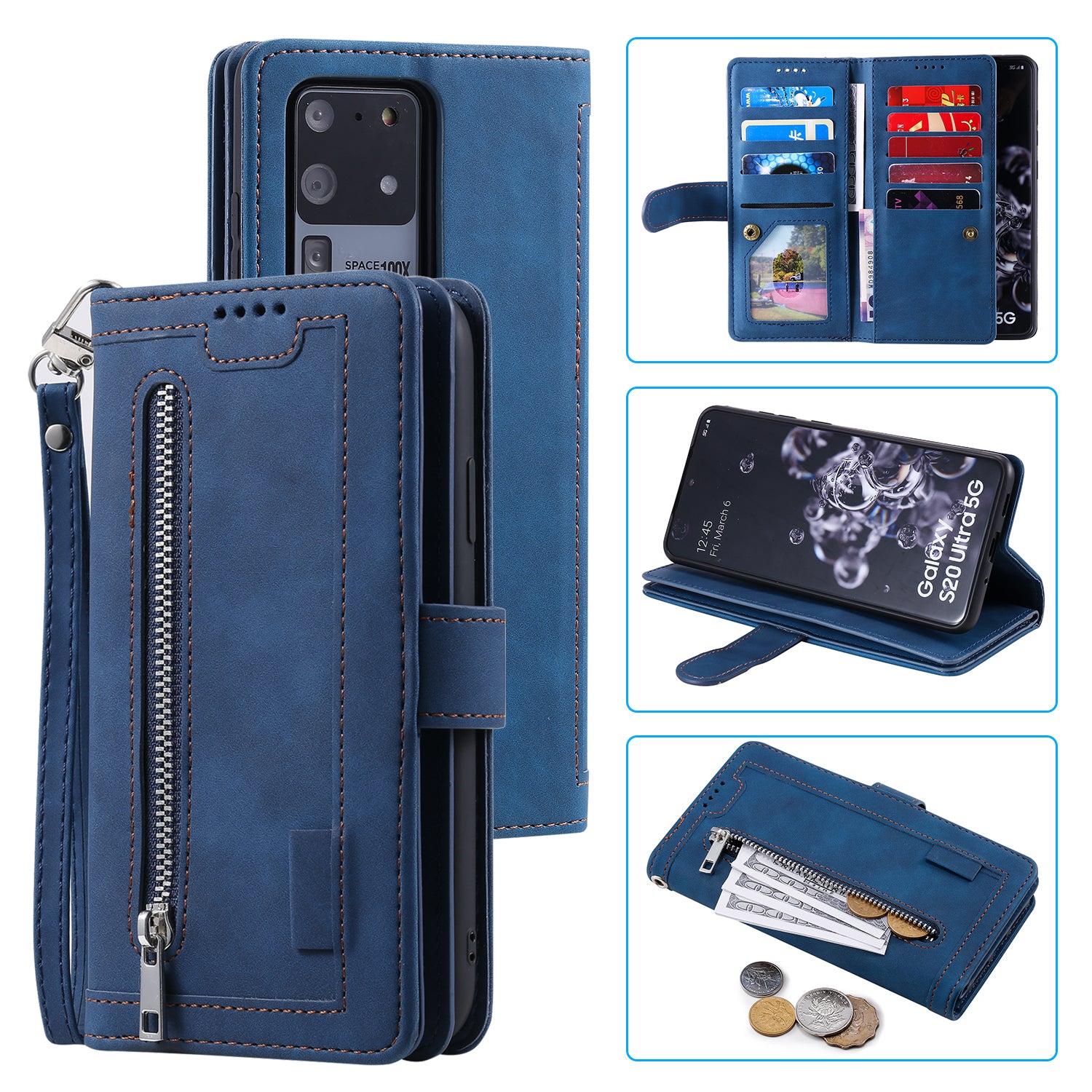 Zipper Pocket 9 Card Slots Leather Wallet Stand Case for Samsung Galaxy S20 Ultra - Blue