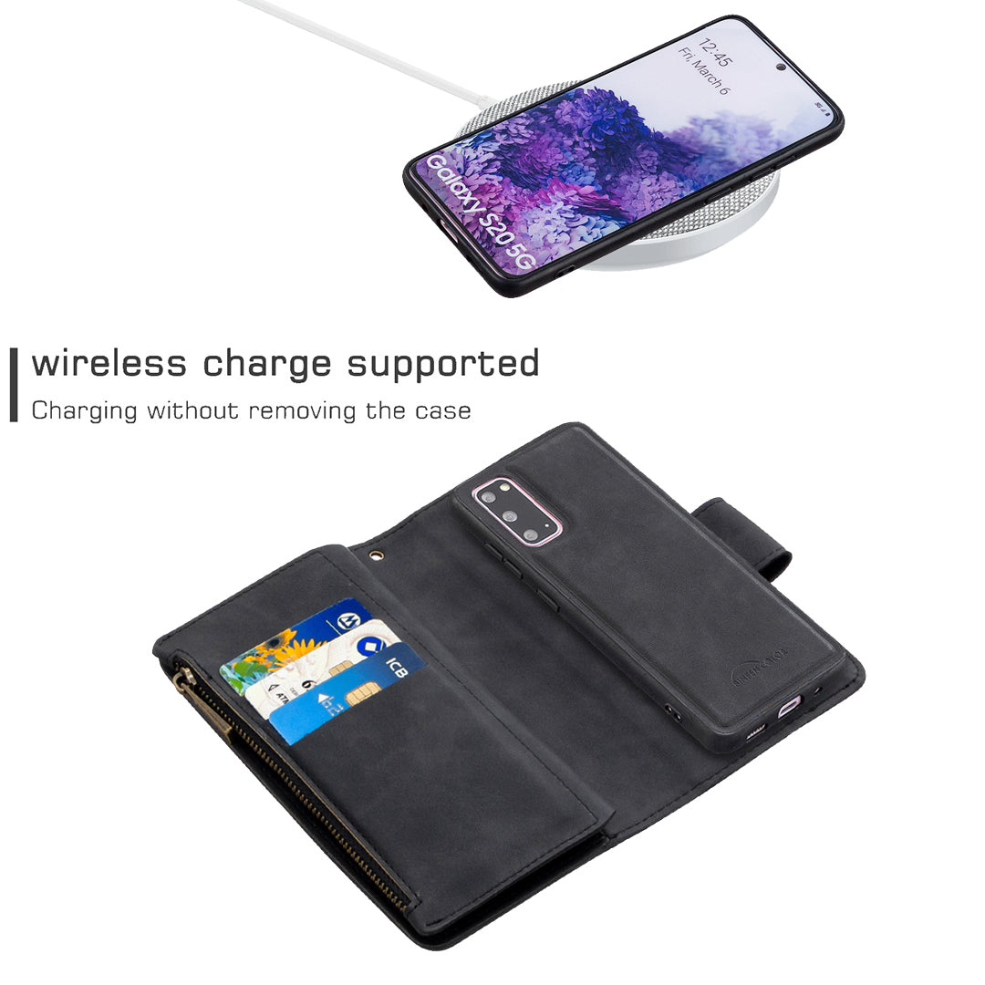 Zipper Pocket Detachable 2-in-1 Leather Wallet Stand Phone Case for Samsung Galaxy S20 4G/S20 5G - Black