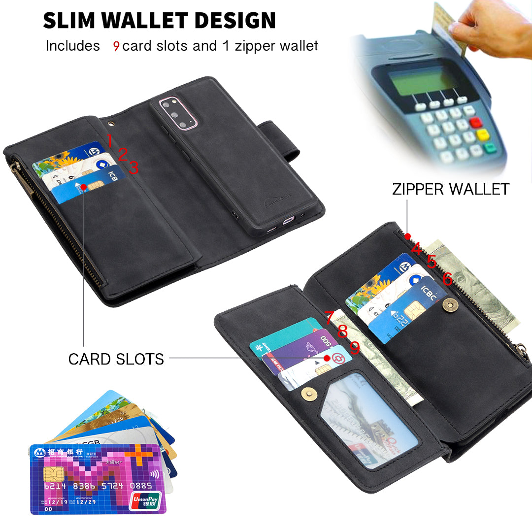 Zipper Pocket Detachable 2-in-1 Leather Wallet Stand Phone Case for Samsung Galaxy S20 4G/S20 5G - Black