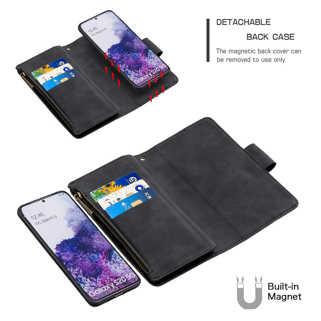 Zipper Pocket Detachable 2-in-1 Leather Wallet Stand Phone Case for Samsung Galaxy S20 4G/S20 5G - Black