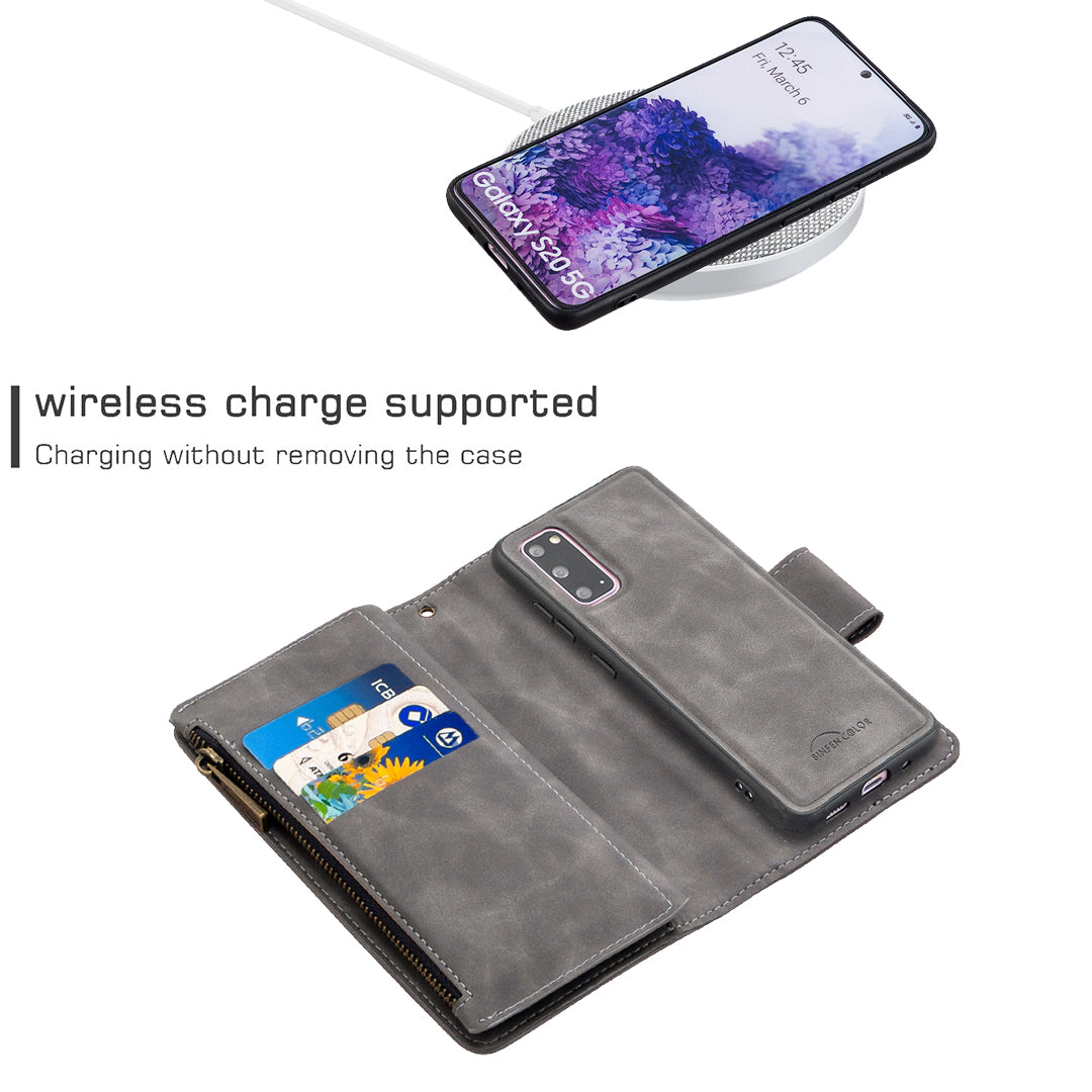 Zipper Pocket Detachable 2-in-1 Leather Wallet Stand Phone Case for Samsung Galaxy S20 4G/S20 5G - Grey