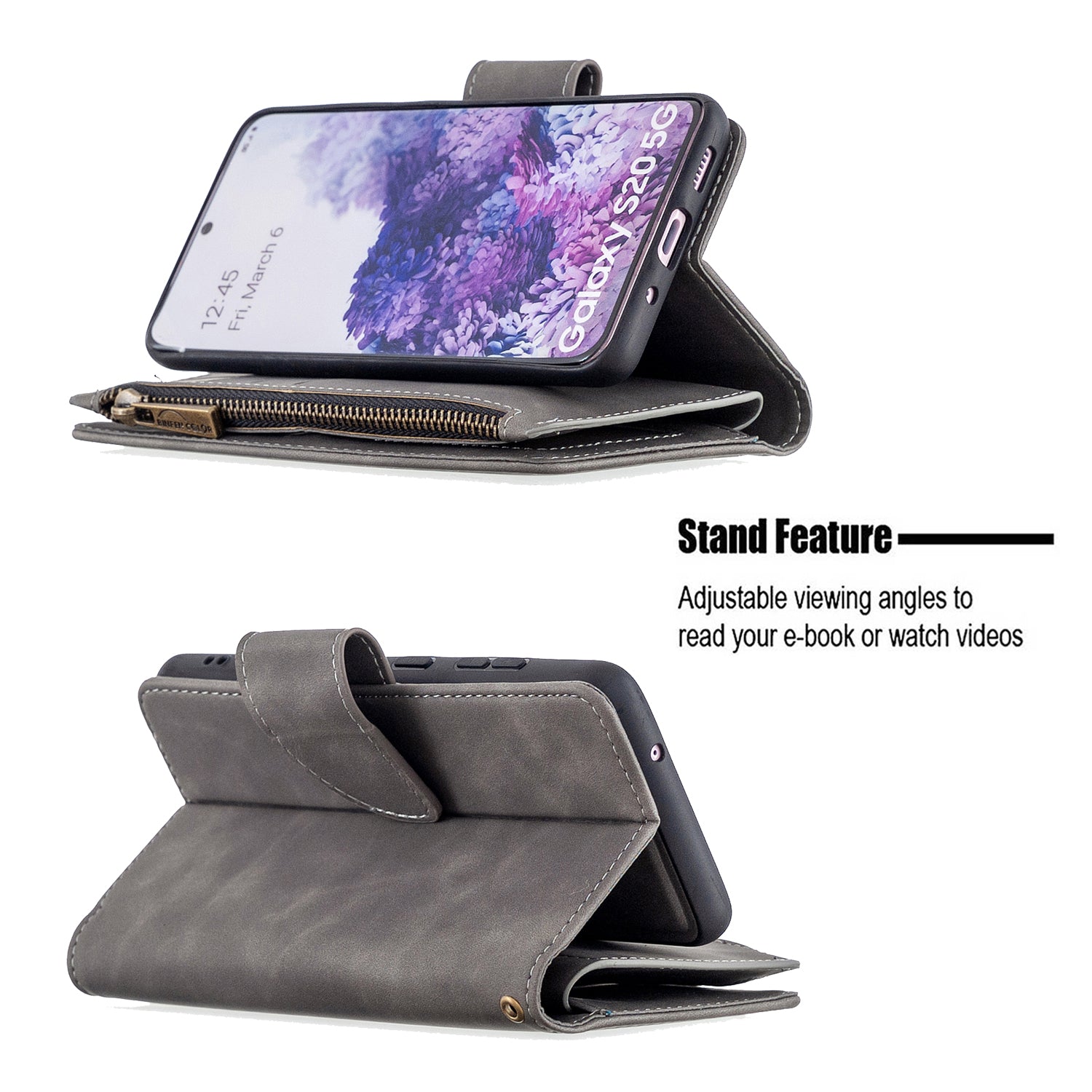 Zipper Pocket Detachable 2-in-1 Leather Wallet Stand Phone Case for Samsung Galaxy S20 4G/S20 5G - Grey