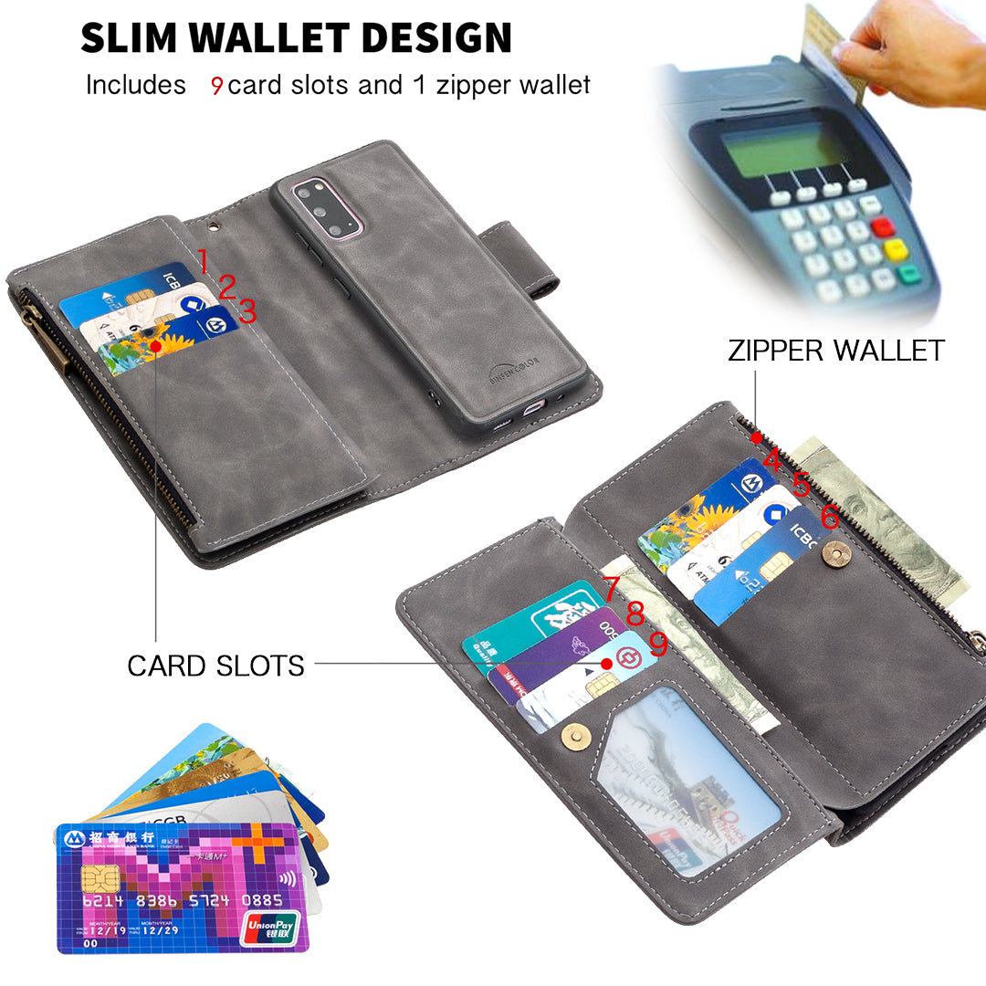 Zipper Pocket Detachable 2-in-1 Leather Wallet Stand Phone Case for Samsung Galaxy S20 4G/S20 5G - Grey