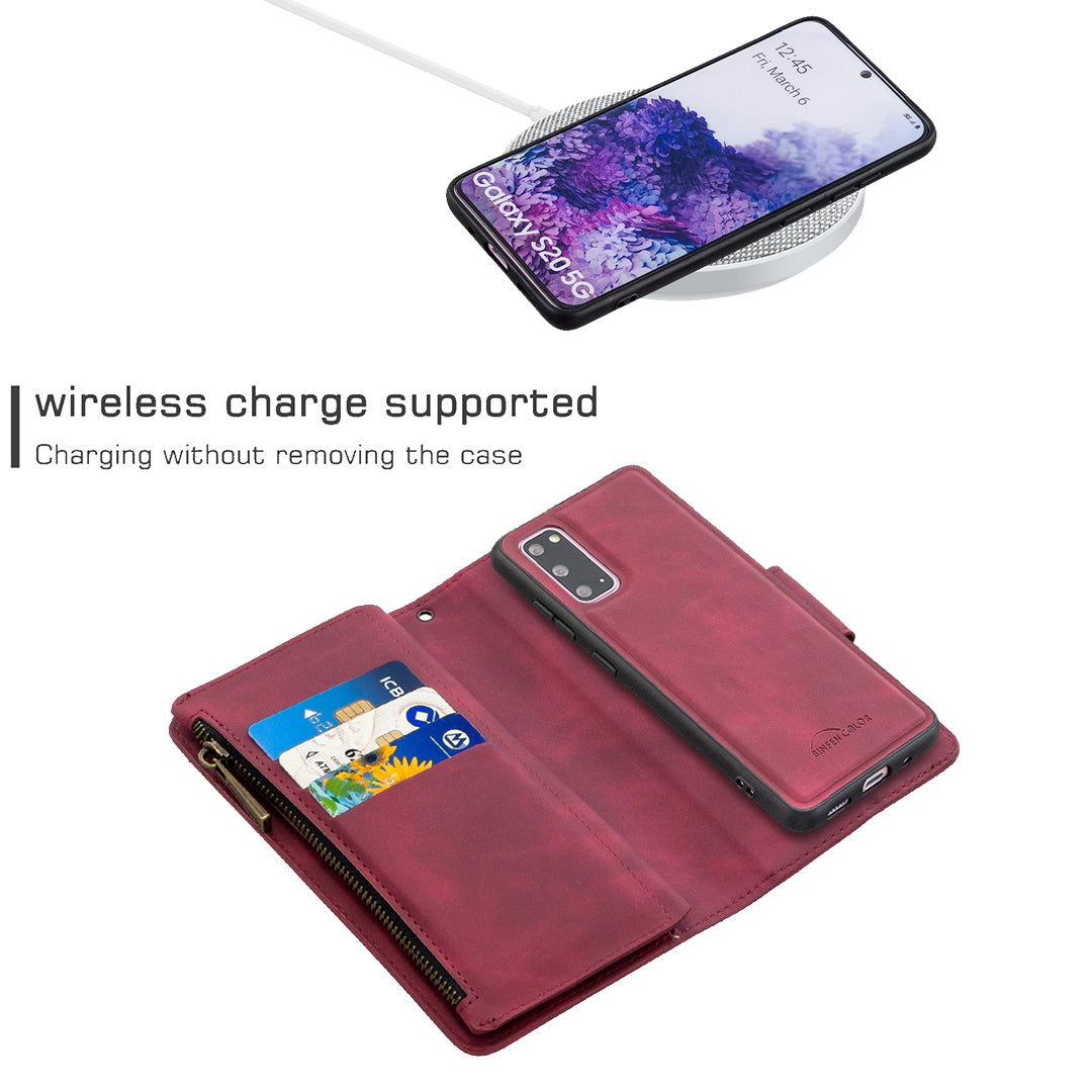 Zipper Pocket Detachable 2-in-1 Leather Wallet Stand Phone Case for Samsung Galaxy S20 4G/S20 5G - Red