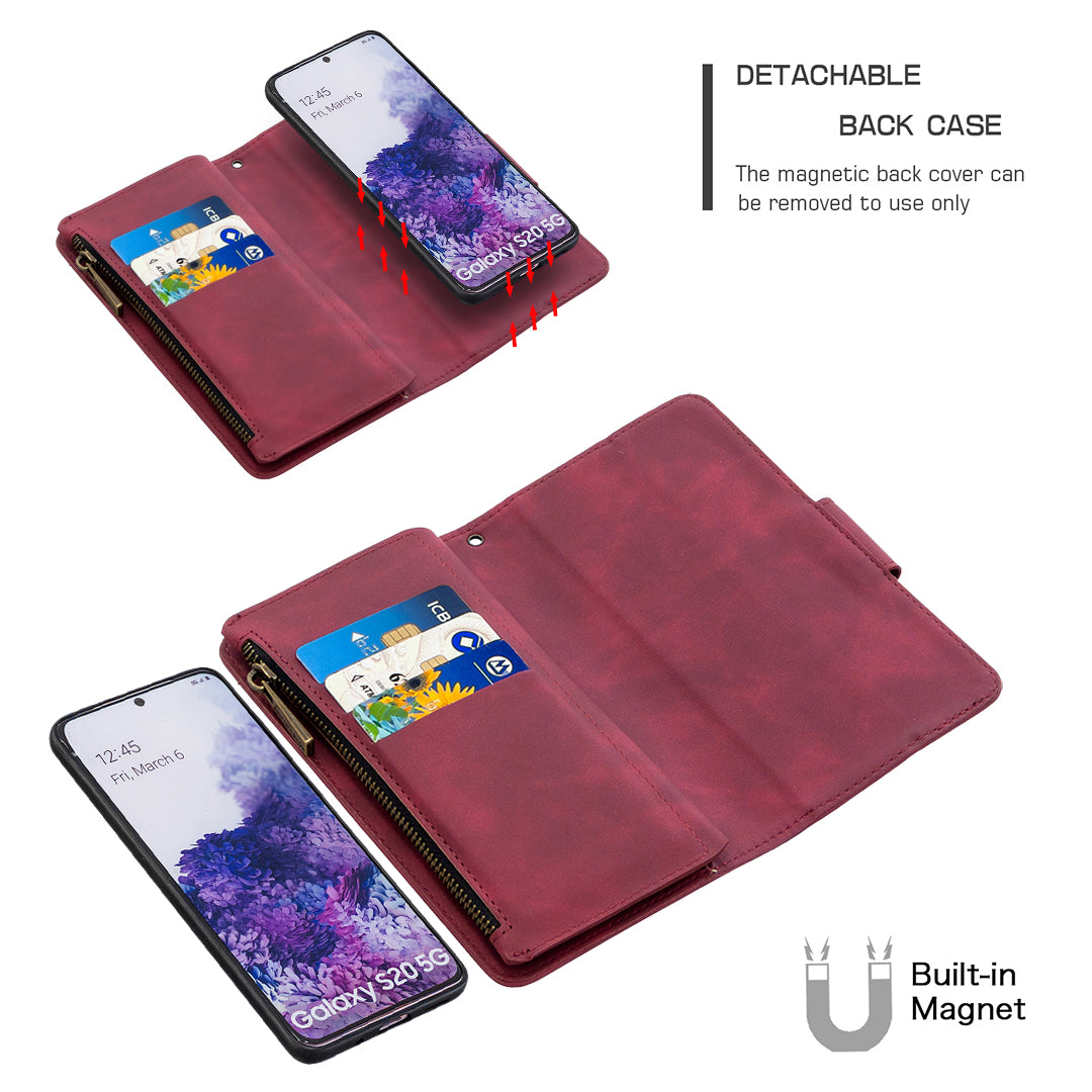 Zipper Pocket Detachable 2-in-1 Leather Wallet Stand Phone Case for Samsung Galaxy S20 4G/S20 5G - Red