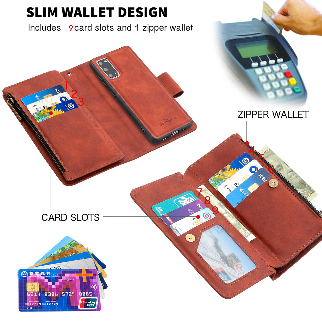 Zipper Pocket Detachable 2-in-1 Leather Wallet Stand Phone Case for Samsung Galaxy S20 4G/S20 5G - Brown