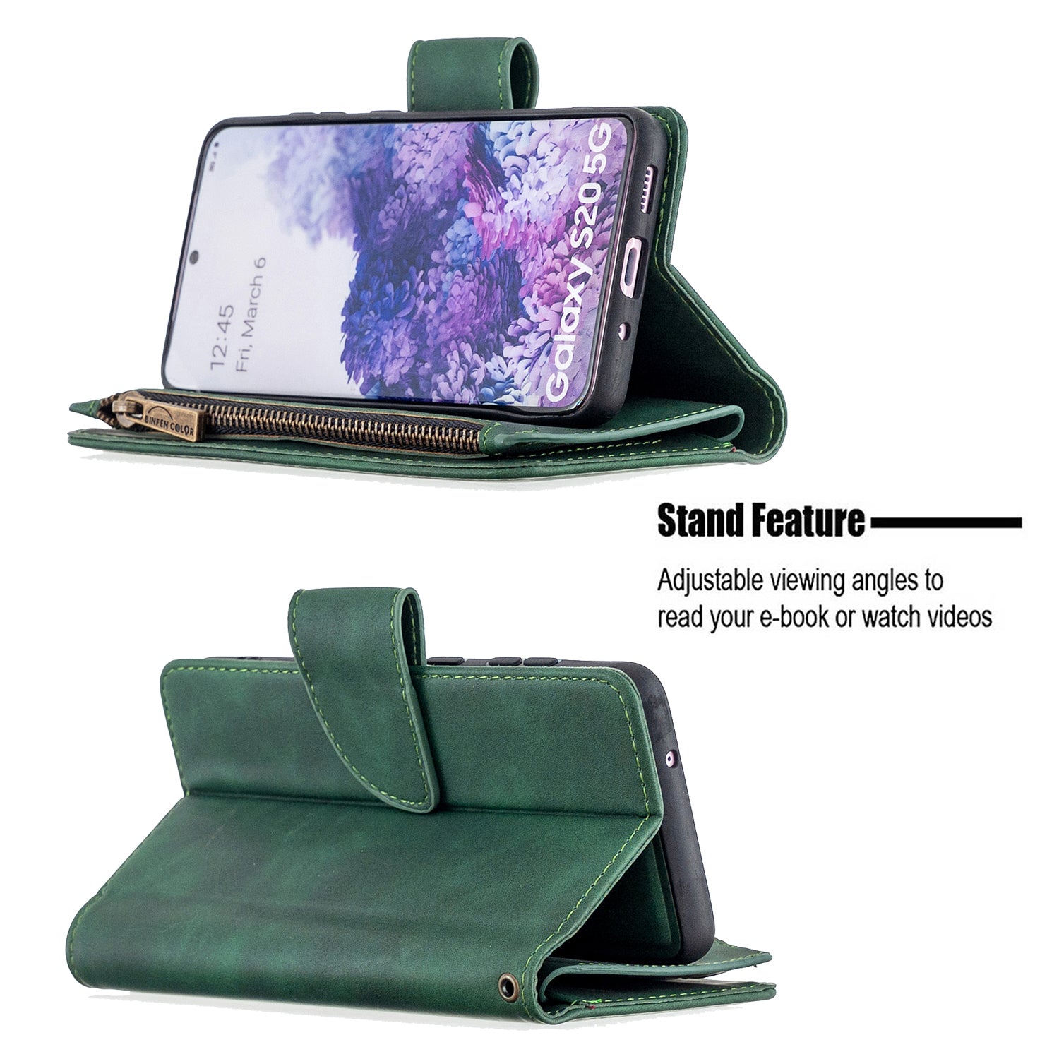 Zipper Pocket Detachable 2-in-1 Leather Wallet Stand Phone Case for Samsung Galaxy S20 4G/S20 5G - Green