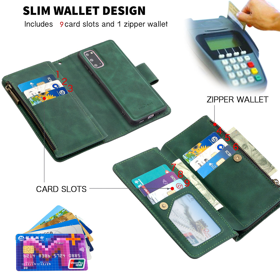 Zipper Pocket Detachable 2-in-1 Leather Wallet Stand Phone Case for Samsung Galaxy S20 4G/S20 5G - Green